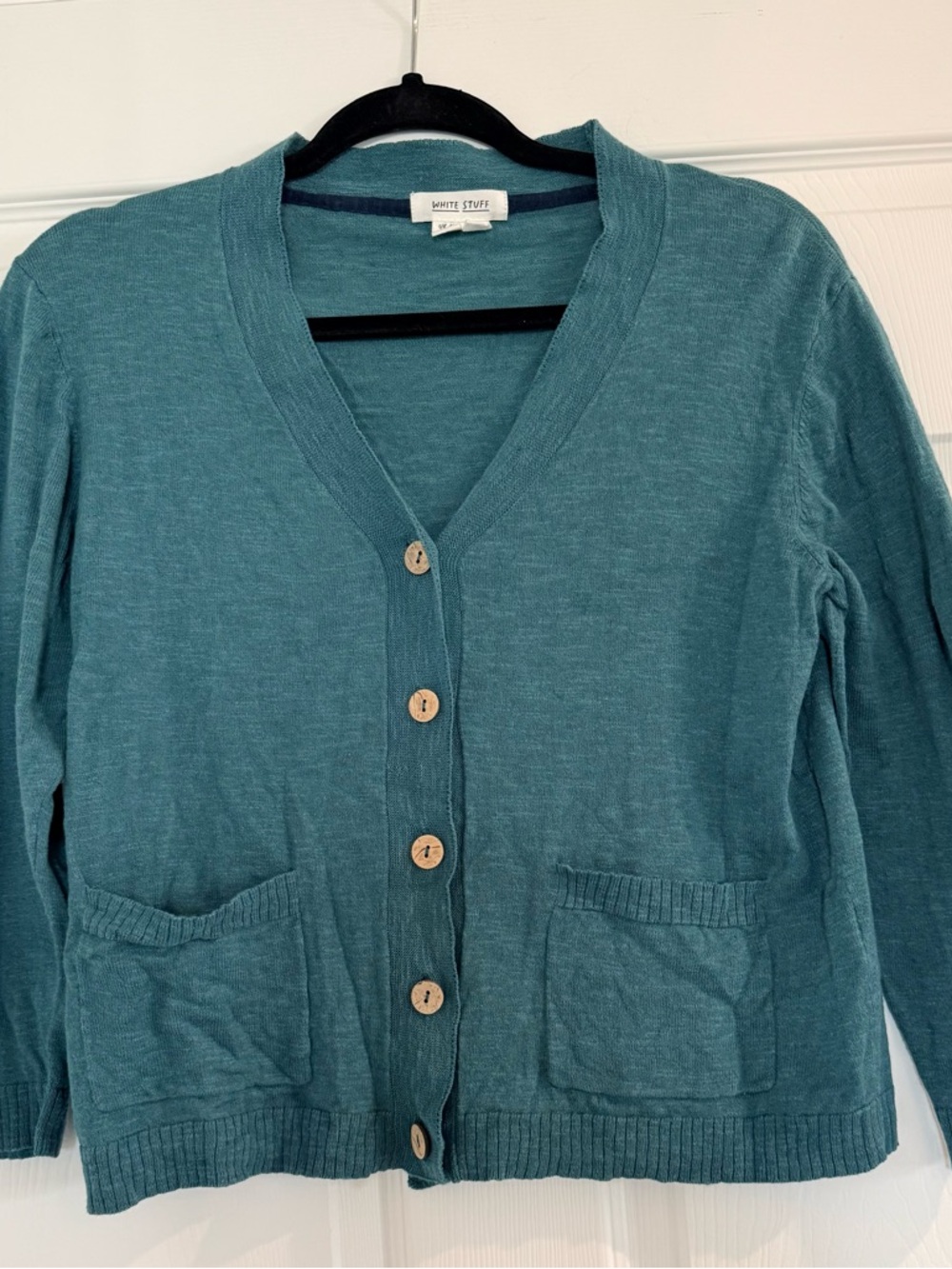 White Stuff: Teal V-Neck Button Front Pocket Sweater